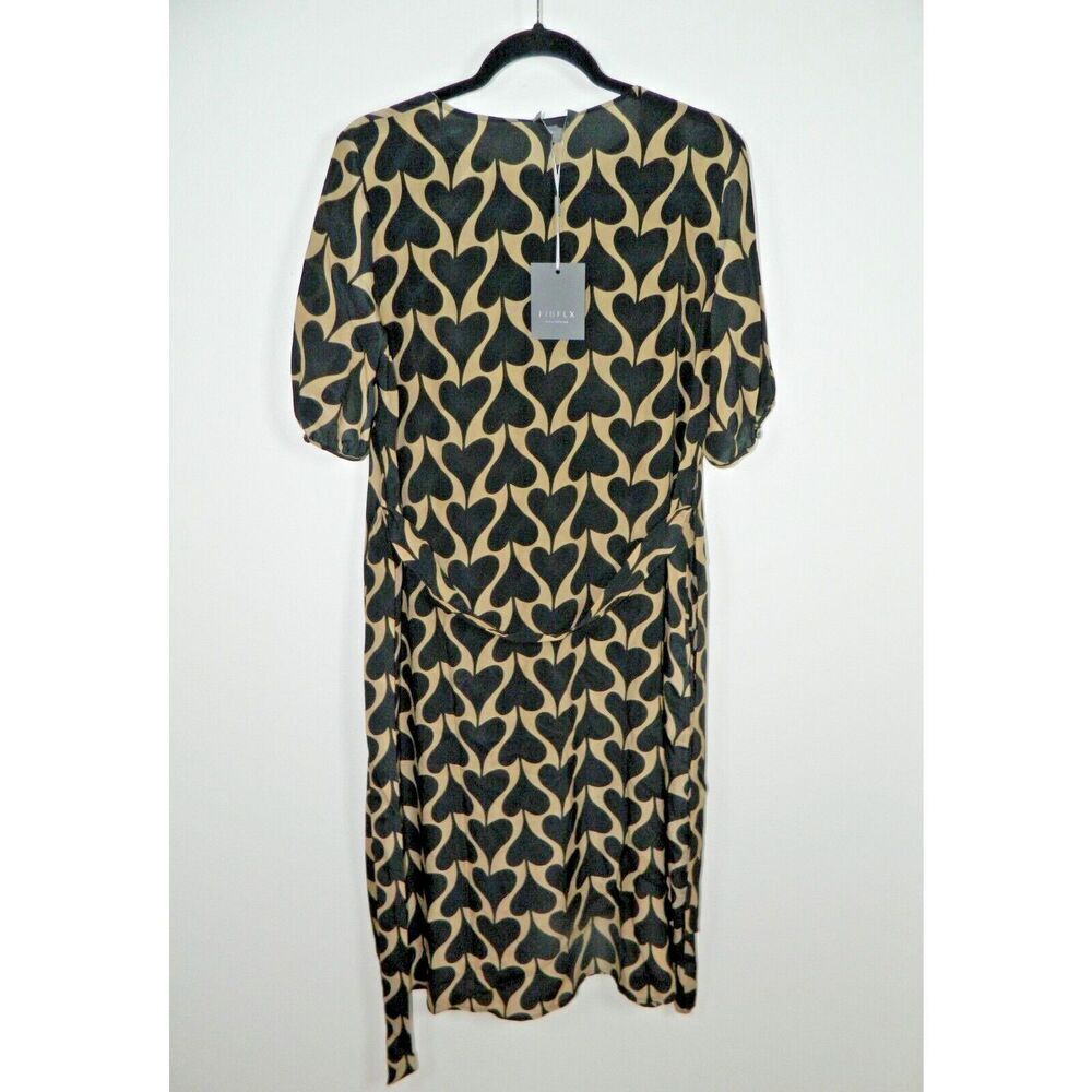 FIBFLX Dress Small Brown Black Silk‎ Heart Print  Midi